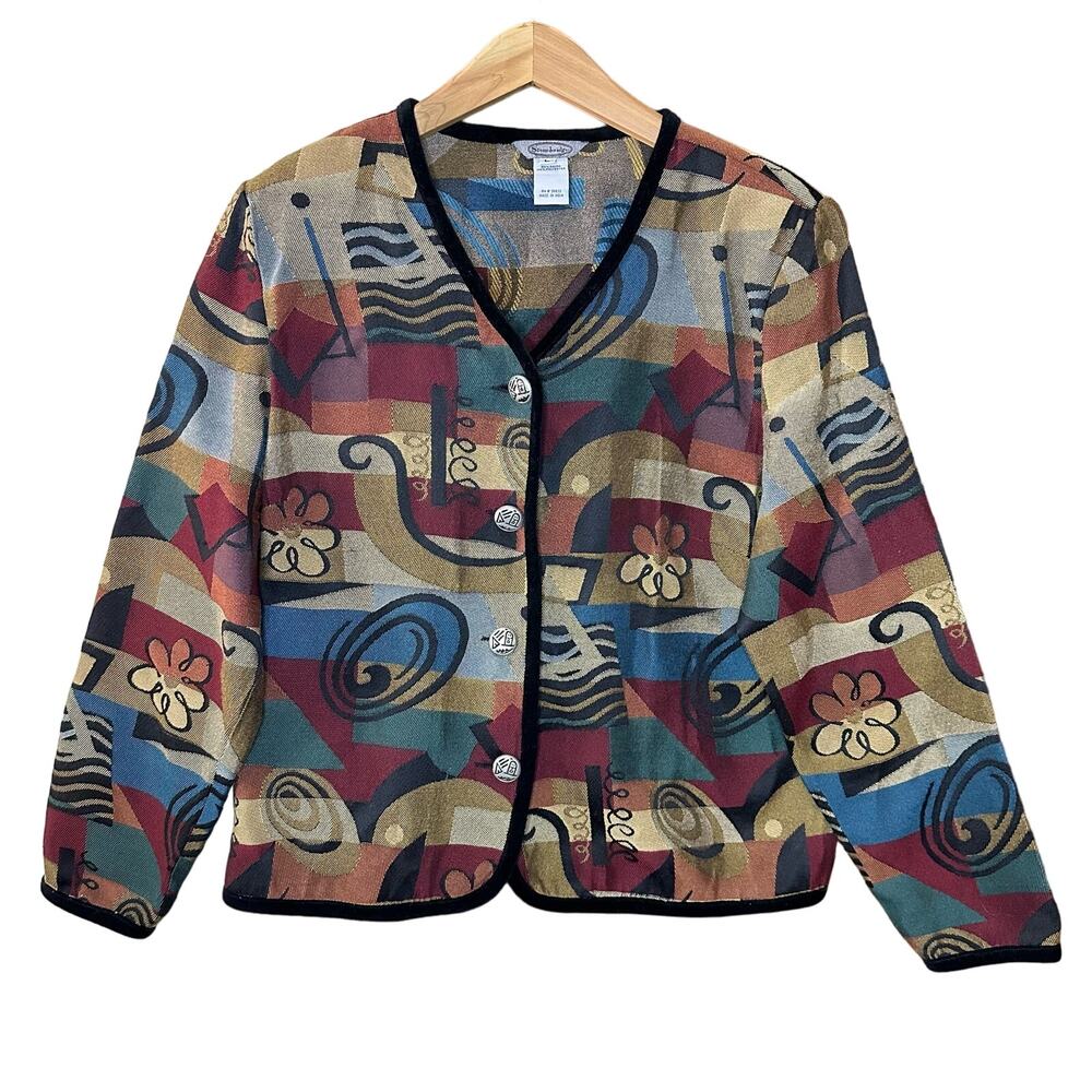 Stonebridge Vintage Multicolor Floral Abstract Velvet Trim Blazer Jacket Sz L